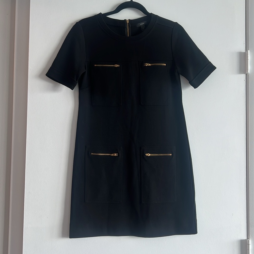 J.Crew Black Shift Dress Gold Zipper Pocket Detail Mini Size 0
